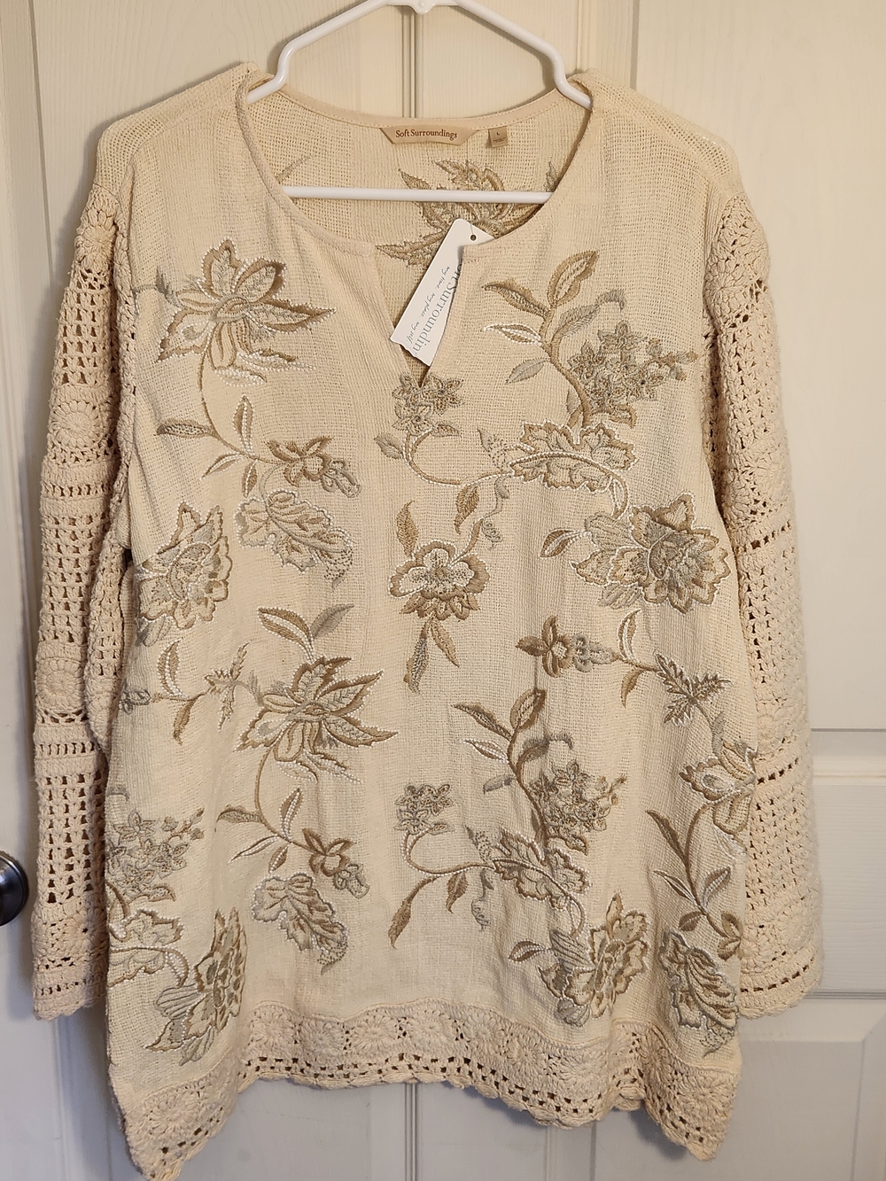Soft Surroundings Cream Embroidered Crochet-Sleeve Tunic